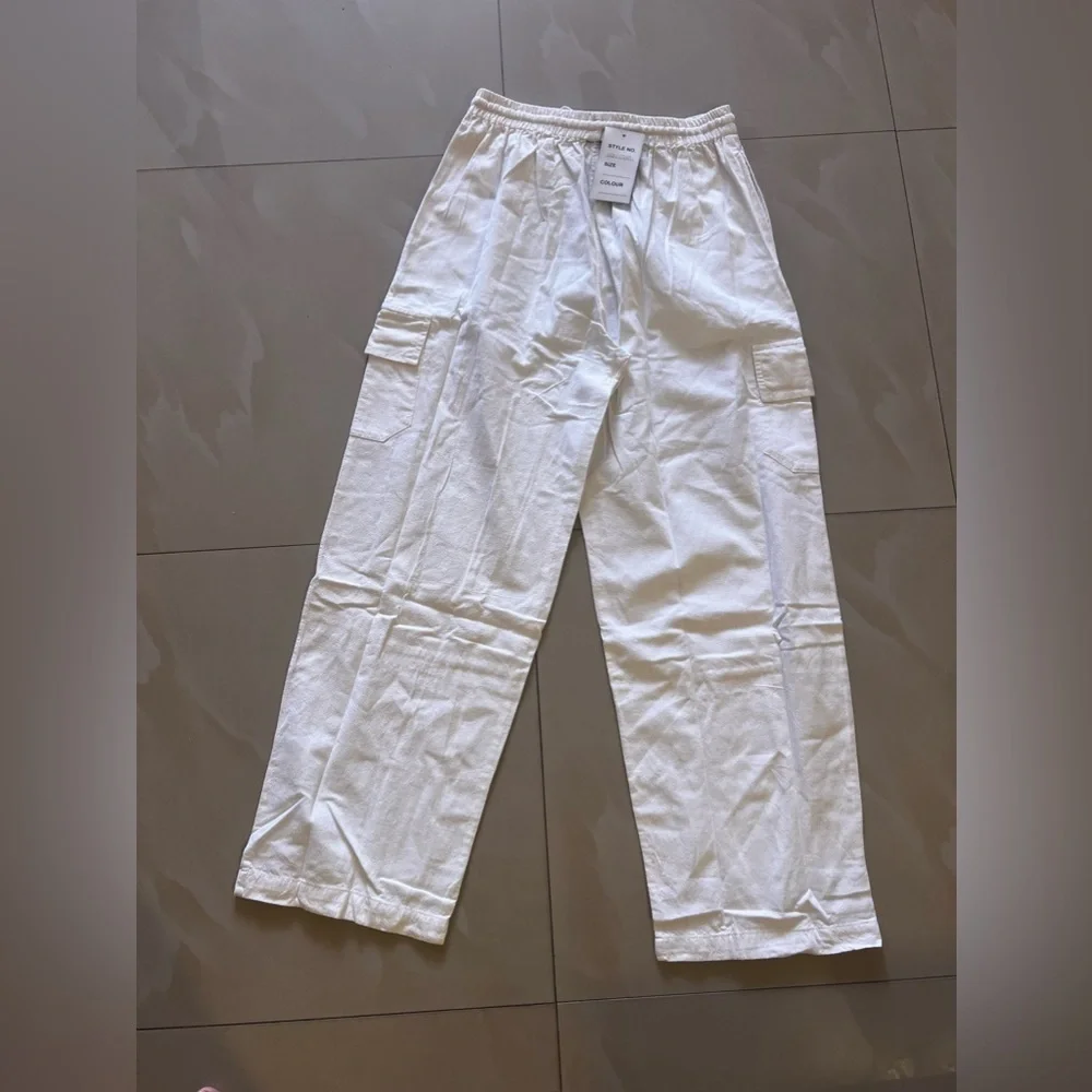 Cargo pants sample Nancy-R women cargo pants white elastic waist tie cotton